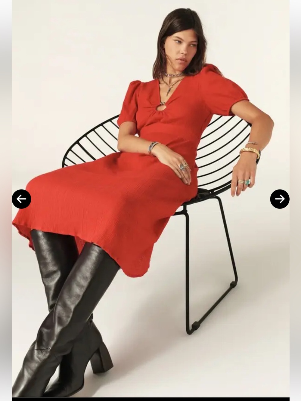 BA&SH Scarlet Puff-Sleeve Midi Dress with Ring Detail